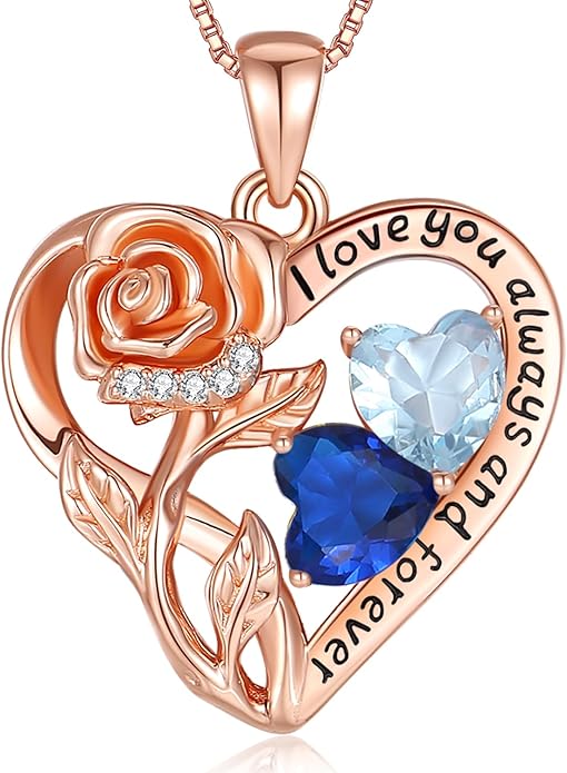 925 Sterling Silver Double Birthstone Rose Flower Heart Jewelry Necklaces for Women Anniversary Love Forever Necklaces for Her Birthday Gifts for Wife Girlfriend Mom Mothers Day Rose Gold