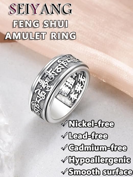 Seiyang Feng Shui Ring 925 Stering Silver Pixiu Mantra Ring Protection Wealth Adjustable Rings Gift for Men Women (with Gift Box)