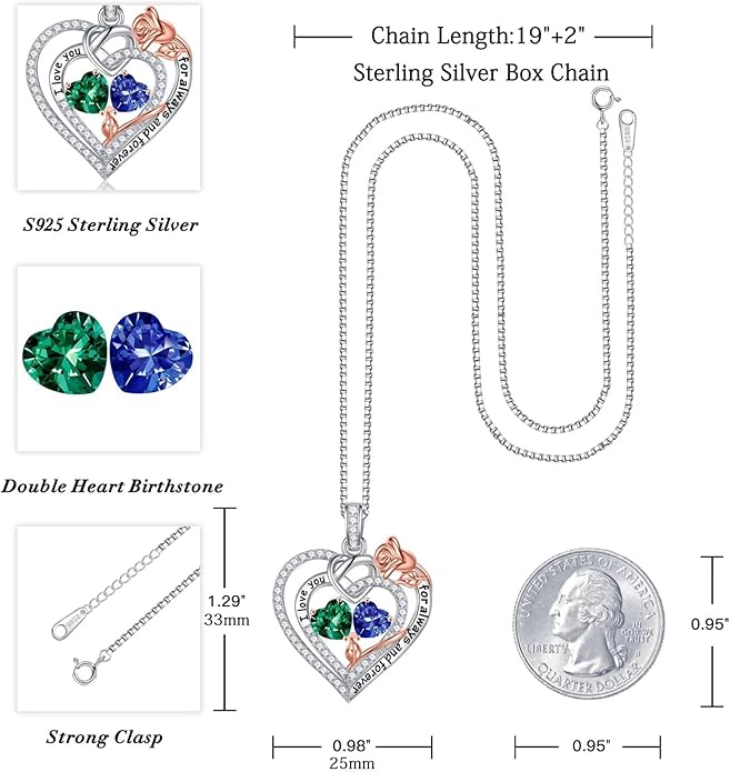 Iefil Rose Heart Necklace Gifts for Wife Women - 925 Sterling Silver Double Birthstone Necklace, Anniversary Birthday Gifts for Women, Jewelry Gift for Wife Girlfriend Mom Her