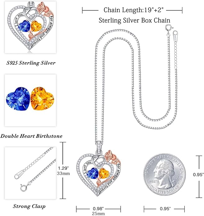 Iefil Rose Heart Necklace Gifts for Wife Women - 925 Sterling Silver Double Birthstone Necklace, Anniversary Birthday Gifts for Women, Jewelry Gift for Wife Girlfriend Mom Her