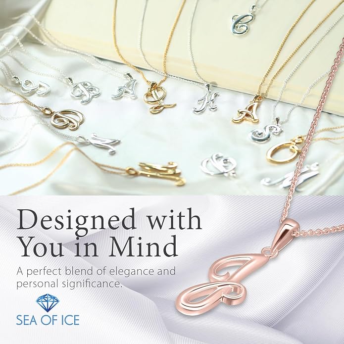 SEA OF ICE Letter Initial Necklace, Alphabet Letter Pendant Necklace, Sterling Silver, Gold, Rose Gold Necklace for Women, Elegant Initial Necklaces, Personalized Custom Women's Necklaces
