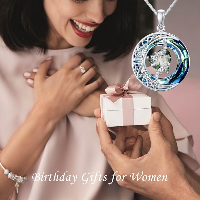 TOUPOP Birthstone Necklace 925 Sterling Silver Moon and Star Pendant with Blue Crystal Celtic Moon Jewelry Birthday Christmas Gifts for Women Mom Wife Her Daughter