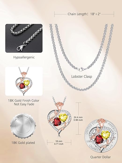 Jewelry for Her Double Heart Rose Birthstone Pendant Necklace Anniversary Jewelry Christmas Birthday Gifts for Women Wife Girlfriend