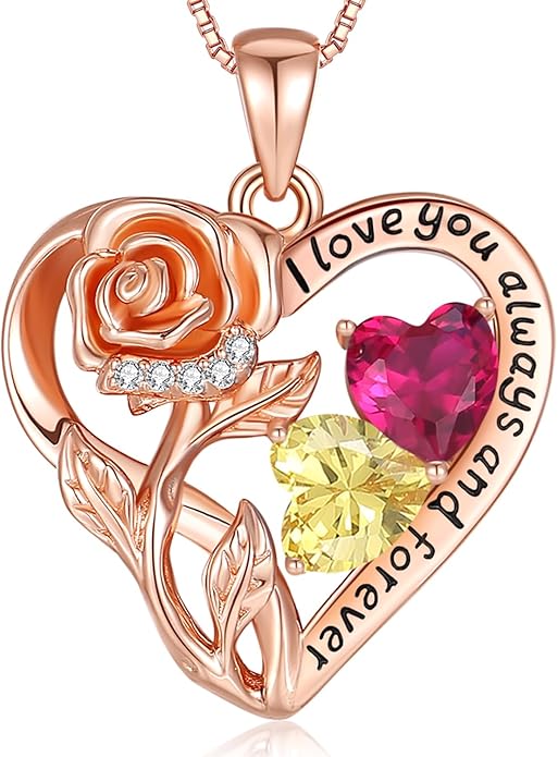 925 Sterling Silver Double Birthstone Rose Flower Heart Jewelry Necklaces for Women Anniversary Love Forever Necklaces for Her Birthday Gifts for Wife Girlfriend Mom Mothers Day Rose Gold