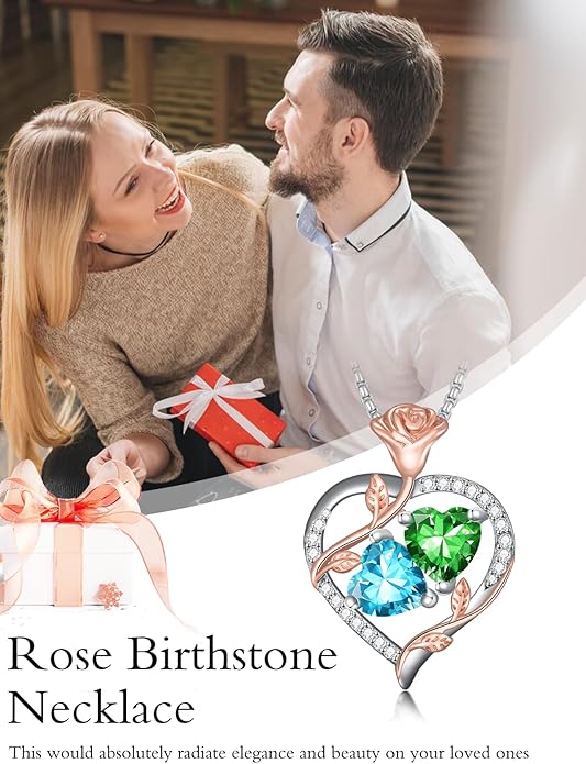 Jewelry for Her Double Heart Rose Birthstone Pendant Necklace Anniversary Jewelry Christmas Birthday Gifts for Women Wife Girlfriend