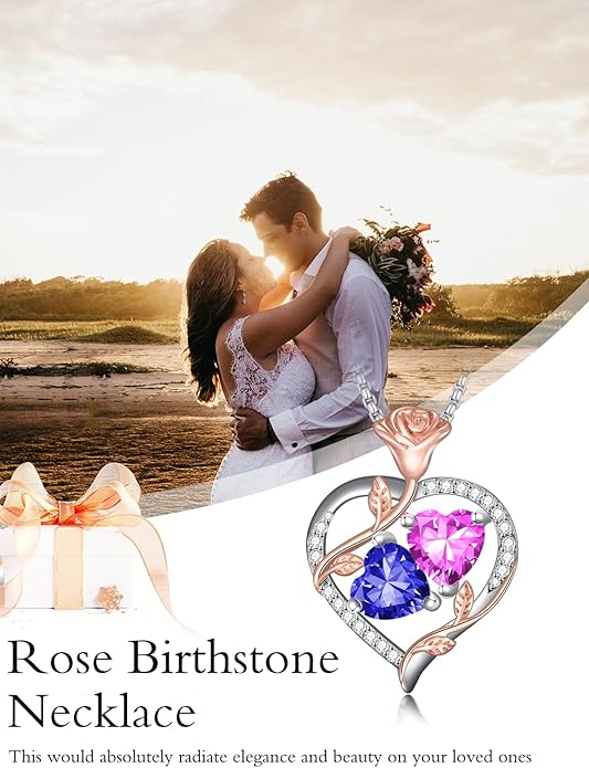 Jewelry for Her Double Heart Rose Birthstone Pendant Necklace Anniversary Jewelry Christmas Birthday Gifts for Women Wife Girlfriend
