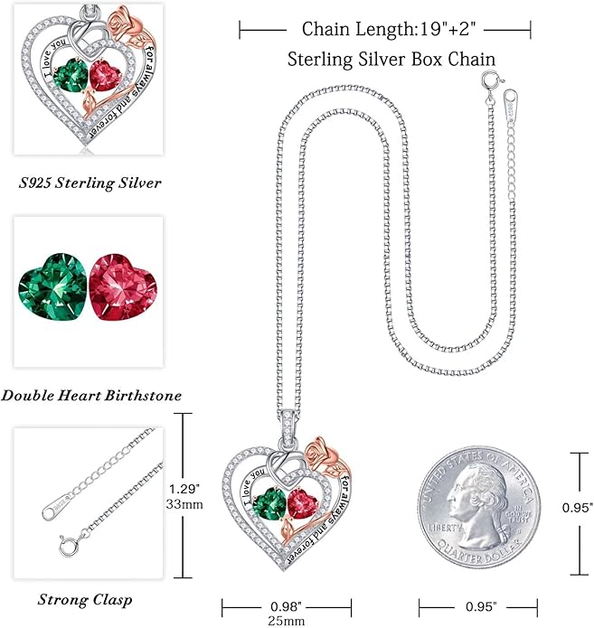 Iefil Rose Heart Necklace Gifts for Wife Women - 925 Sterling Silver Double Birthstone Necklace, Anniversary Birthday Gifts for Women, Jewelry Gift for Wife Girlfriend Mom Her