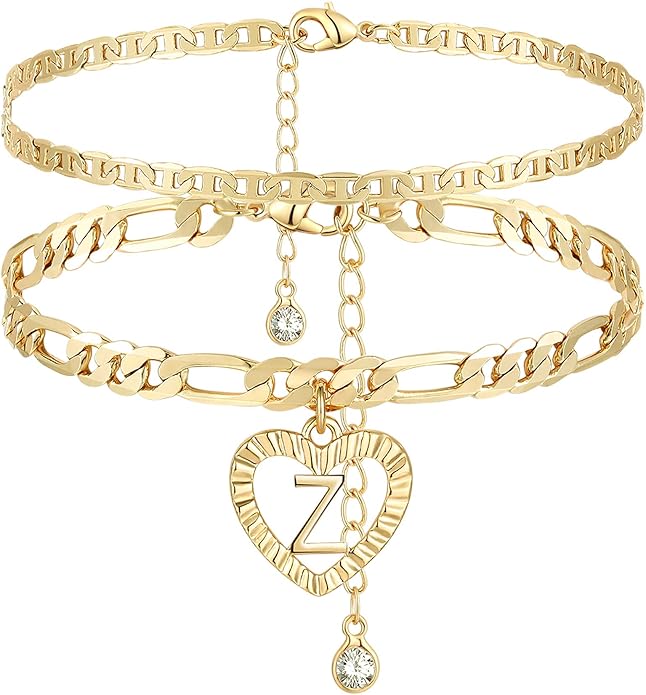 YANODA Initial Ankle Bracelets for Women 14K Gold Plated Layered Figaro Chain Letter Initial Anklets Handmade Layered Heart Ankle Bracelets Personalized Jewelry for Women