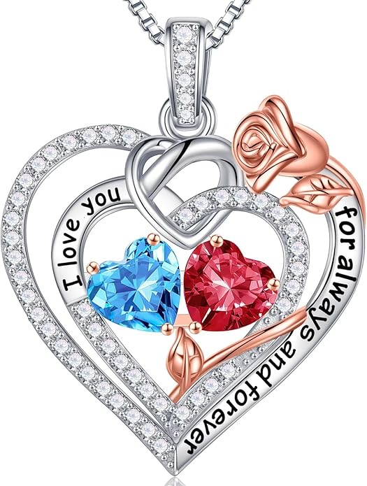 Iefil Rose Heart Necklace Gifts for Wife Women - 925 Sterling Silver Double Birthstone Necklace, Anniversary Birthday Gifts for Women, Jewelry Gift for Wife Girlfriend Mom Her
