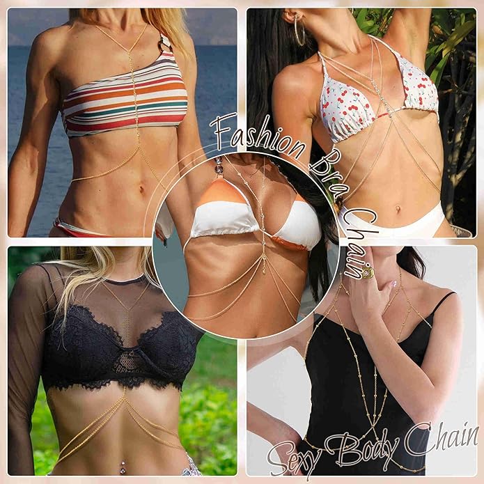 14K Gold Sexy Body Chains for Women Necklace Layered Bikini Bra Chain Crossover Belly Chain Rhinestone Summer Chest Chain Beach Prom Nightclub Body Chain Jewelry