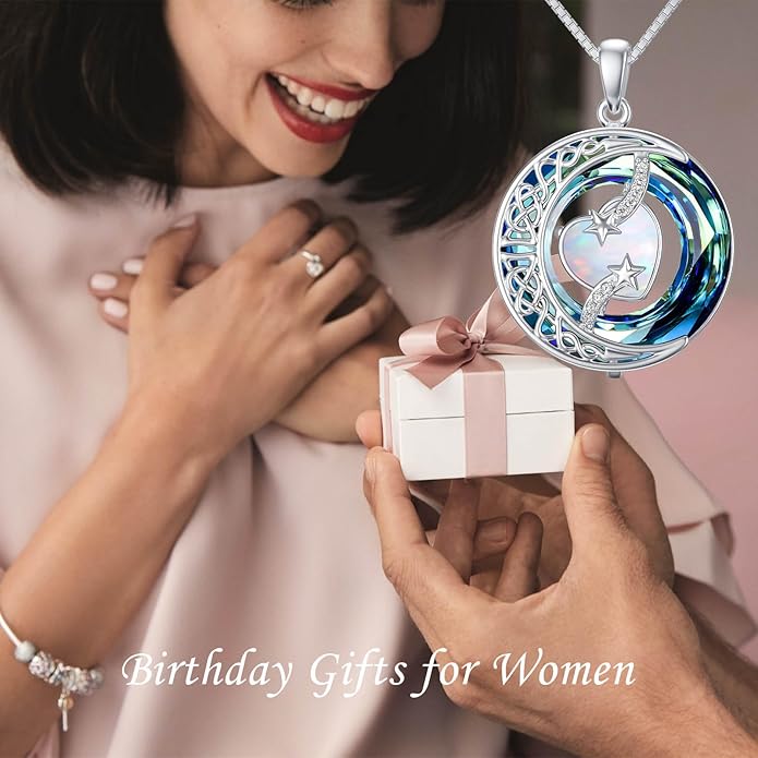 TOUPOP Birthstone Necklace 925 Sterling Silver Moon and Star Pendant with Blue Crystal Celtic Moon Jewelry Birthday Christmas Gifts for Women Mom Wife Her Daughter