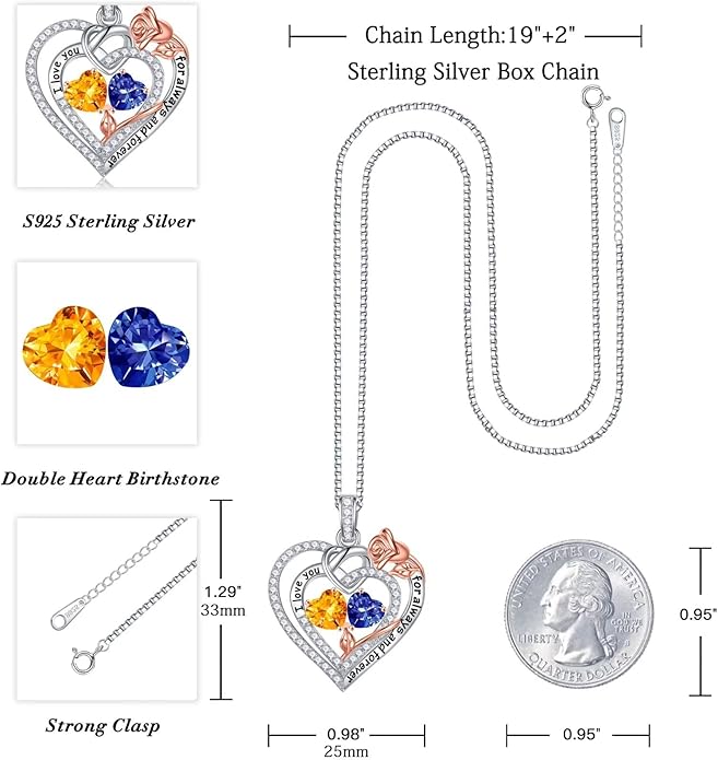 Iefil Rose Heart Necklace Gifts for Wife Women - 925 Sterling Silver Double Birthstone Necklace, Anniversary Birthday Gifts for Women, Jewelry Gift for Wife Girlfriend Mom Her