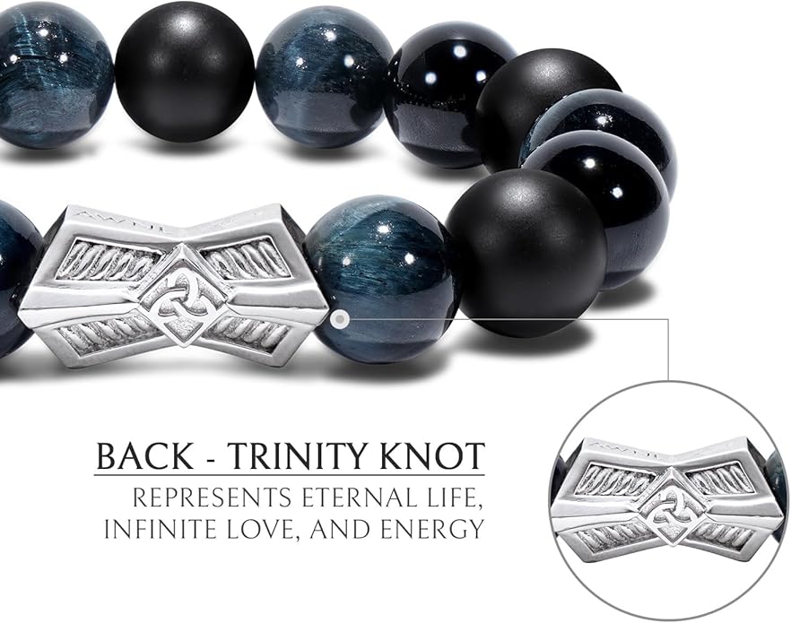 AWNL® Men's Beaded Bracelet with Sterling Silver Engraved Runes Charm 12mm Bronzite Dumortierite Obsidian Natural Gemstone Gift for Men, 6.1''-7.9''