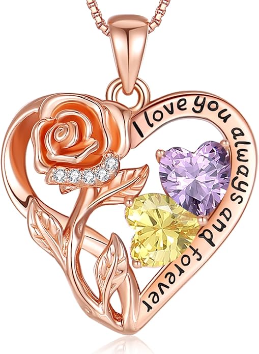 925 Sterling Silver Double Birthstone Rose Flower Heart Jewelry Necklaces for Women Anniversary Love Forever Necklaces for Her Birthday Gifts for Wife Girlfriend Mom Mothers Day Rose Gold