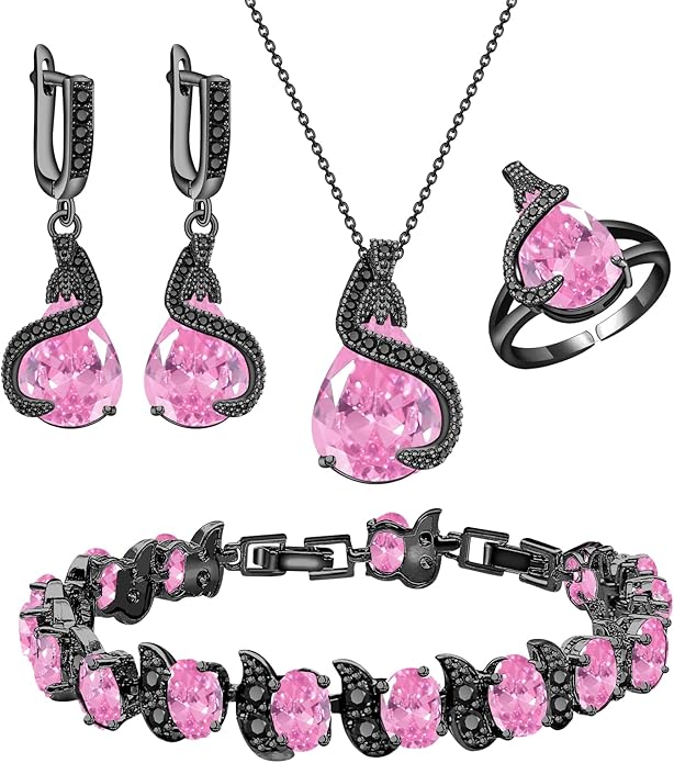 GZWHD Jewelry Set for Women Water Drop Cubic Zirconia Artificial Crystal Earrings Pendant Necklace Open Ring Tennis Bracelet Wedding Anniversary Birthday Engagement Gift for Bridesmaid Wife Girlfriend Friend