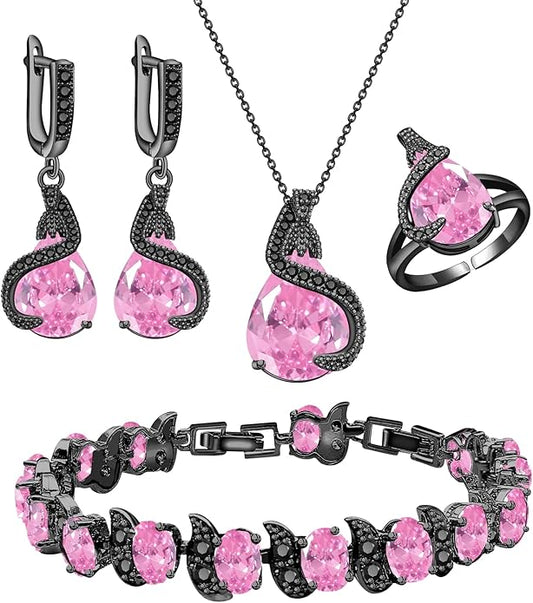 GZWHD Jewelry Set for Women Water Drop Cubic Zirconia Artificial Crystal Earrings Pendant Necklace Open Ring Tennis Bracelet Wedding Anniversary Birthday Engagement Gift for Bridesmaid Wife Girlfriend Friend