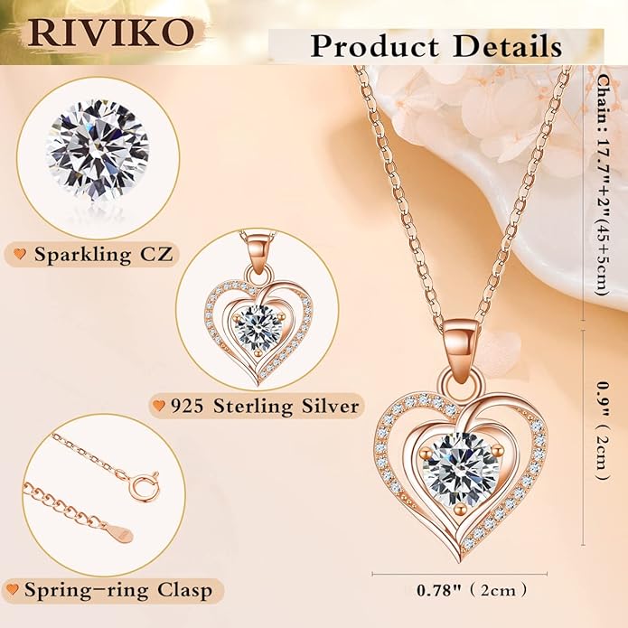 RIVIKO Heart Birthstone Pendant Necklace for Women 925 Sterling Silver Zirconia Necklaces Wedding Anniversary Birthday Mothers Day Jewelry Gifts For Her Mother Wife