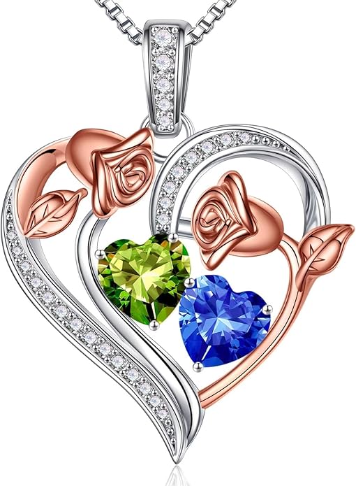 Iefil Birthstone Necklace for Women - 925 Sterling Silver Rose Heart Necklace, Birthstone Jewelry, Anniversary Birthday Gifts for Wife Girlfriend Mom Daughter