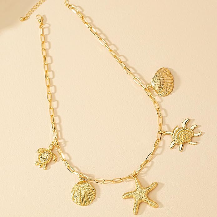Choistily Charm Necklace Dainty Gold Western Outfit Beach Jewelry for Women Trendy Cowgirl Accessories for Women Gold Bow Sea Shell Pendant Necklace Preppy Stuff Summer Jewelry 2025