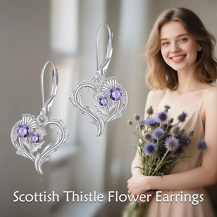 Scottish Thistle/Sunflower/Violet/Daffodil/Orchid Earrings Sterling Silver Flower Dangle Dangling Drop Boho Earrings Jewelry Gifts for Women