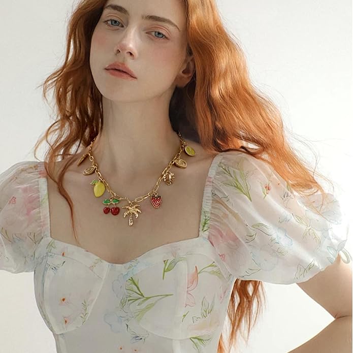 Gold Plated Paperclip Chain Beach Charm Necklace for Women Cute Shell Bow Dainty Beachy Starfish Pearl Seashell Strawberry Fruit Heart Mermaid Summer Jewelry Gift