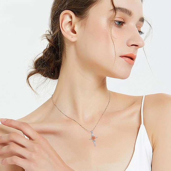 Flower Cross Necklace 925 Sterling Silver Carnation/Rose/Lily/Daisy Cross Necklace Birth Flower Jewelry for Women