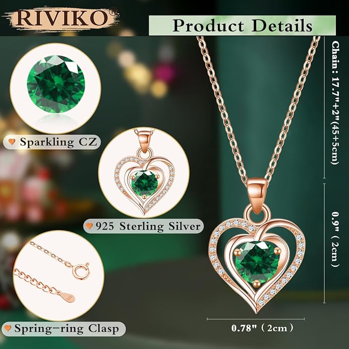 RIVIKO Heart Birthstone Pendant Necklace for Women 925 Sterling Silver Zirconia Necklaces Wedding Anniversary Birthday Mothers Day Jewelry Gifts For Her Mother Wife