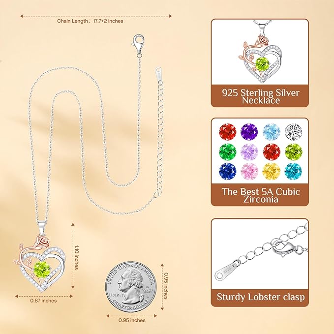moshen Rose Heart Necklace for Women,925 Sterling Silver Birthstone Pendant - Gift for Women on Valentine's Day, Birthday, Christmas, Anniversary, Mather's Day (08-August-Peridot-Olive Green)