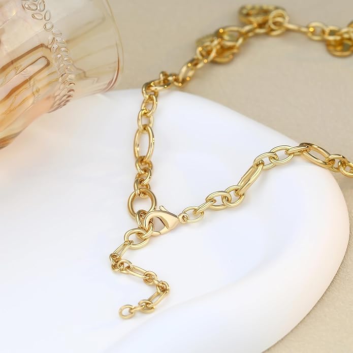 Charm Necklace for Women Gold Evil Eye Sun Moon Flower Coin Pendant Necklace Dainty Paperclip Chain Vintage Luck Amulet Choker Necklaces Celestial Jewelry Gift