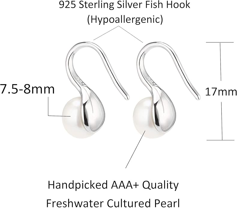 925 Sterling Silver Hoop Handpicked AAA+ Quality 7.5-8mm White Freshwater Cultured Pearl Dangle Drop Earrings Jewelry for Women