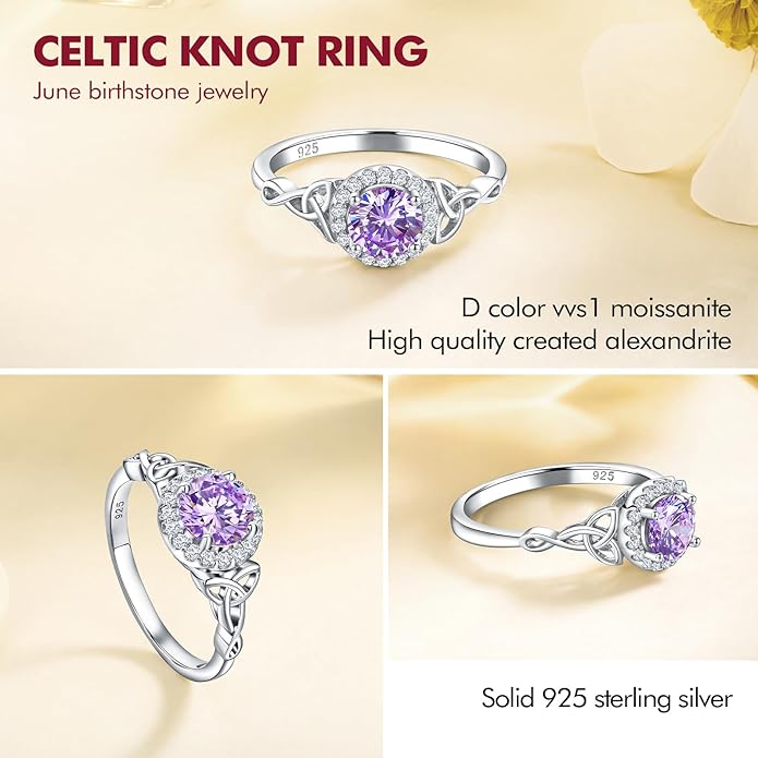 DAYBYDAY Celtic Birthstone Rings for Women 925 Sterling Silver Heart/Round/Pear/Oval Created Gemstone Moissanite Halo Engagement Promise Rings for Her Wife Birthday Anniversary Wedding Jewelry