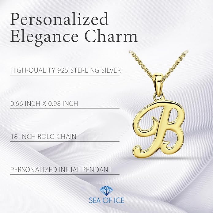 SEA OF ICE Letter Initial Necklace, Alphabet Letter Pendant Necklace, Sterling Silver, Gold, Rose Gold Necklace for Women, Elegant Initial Necklaces, Personalized Custom Women's Necklaces