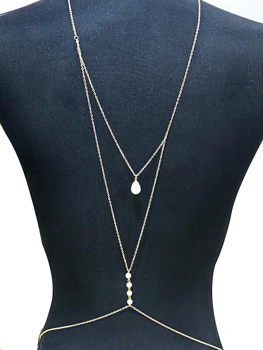 MODRSA Gold Body Chain Jewelry for Women Back Necklace for Backless Dress Backdrop Pearl Rhinestone Belly Chain Waist Chains Bra Chains Lingerie Summer Bikini Bodychain Trendy Sexy Stomach Jewelry