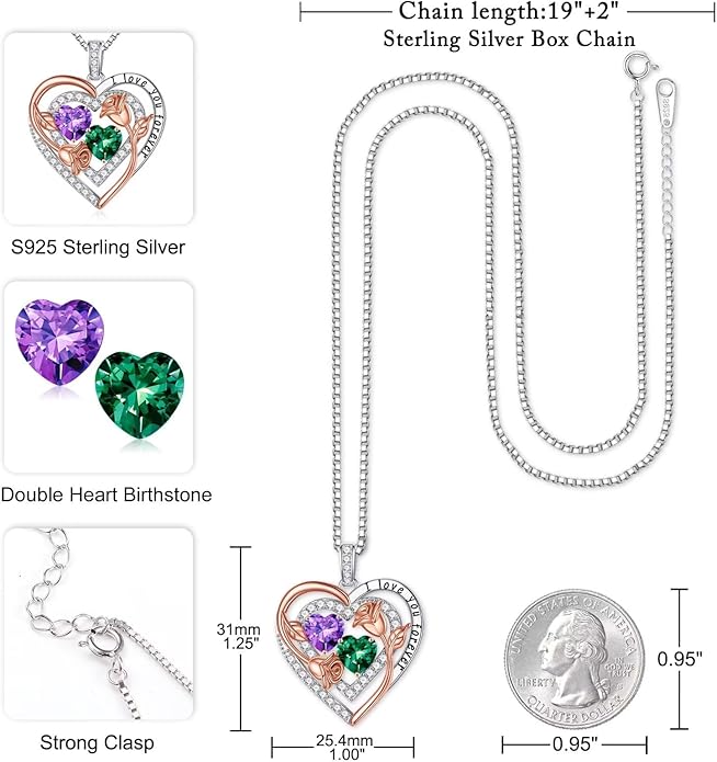 Iefil Birthstone Necklace for Women - Sterling Silver Birthstone Necklace Anniversary Birthday Gifts for Her Wife Mom Daughter