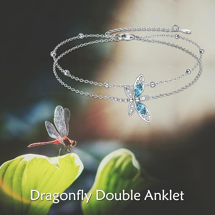 TIGER RIDER Dragonfly Anklet Sterling Silver Dragonfly Gifts Jewelry for Women with Crystal Birthday Anniversary