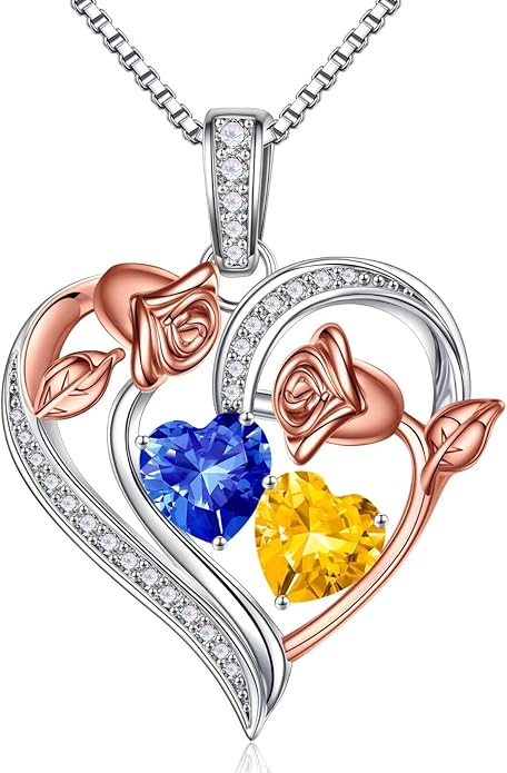 Iefil Birthstone Necklace for Women - 925 Sterling Silver Rose Heart Necklace, Birthstone Jewelry, Anniversary Birthday Gifts for Wife Girlfriend Mom Daughter