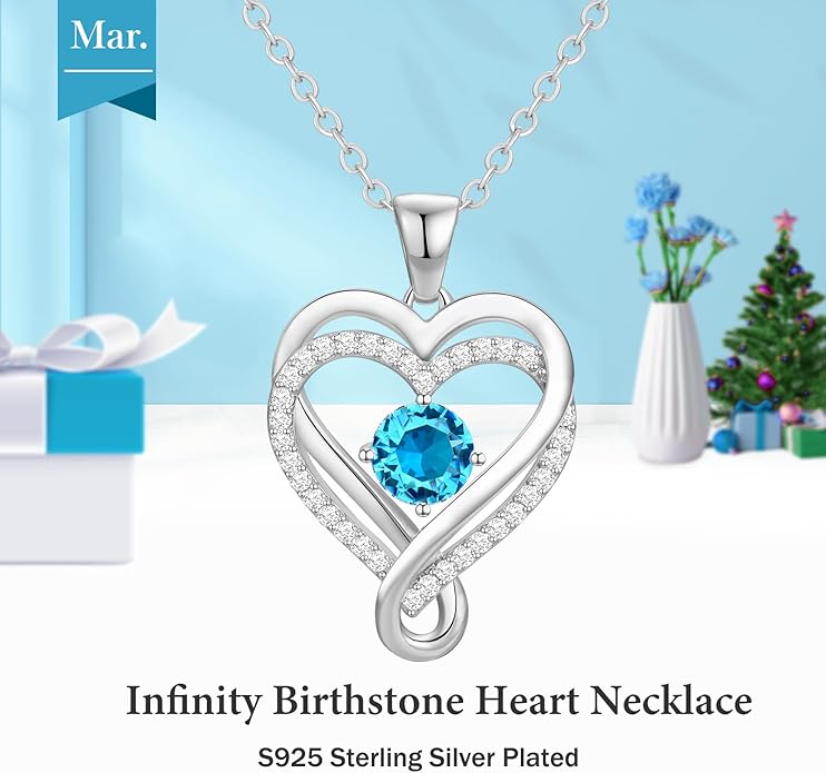 Infinity Heart Birthstone Necklace for Women Wife 18K Rose Gold Plated,Anniversary for Women Wife Her Birthday Gift for Girlfriend Mom Daughters, I Love You Women's Jewelry