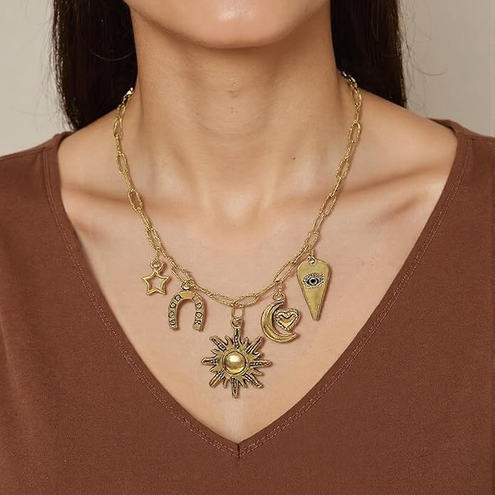 Chunky Retro Heart Necklace for Women Antique Layer Beach Ocean Moon Stars Western Boho Charm Necklaces Retro Link Chain Jewelry