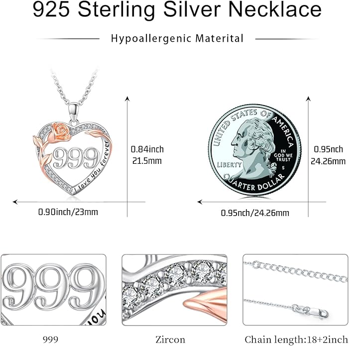 Number Necklace for Women 925 Sterling Silver Rose Angel Numbers Necklace Jewelry Birthday Gift for Grandma Mother