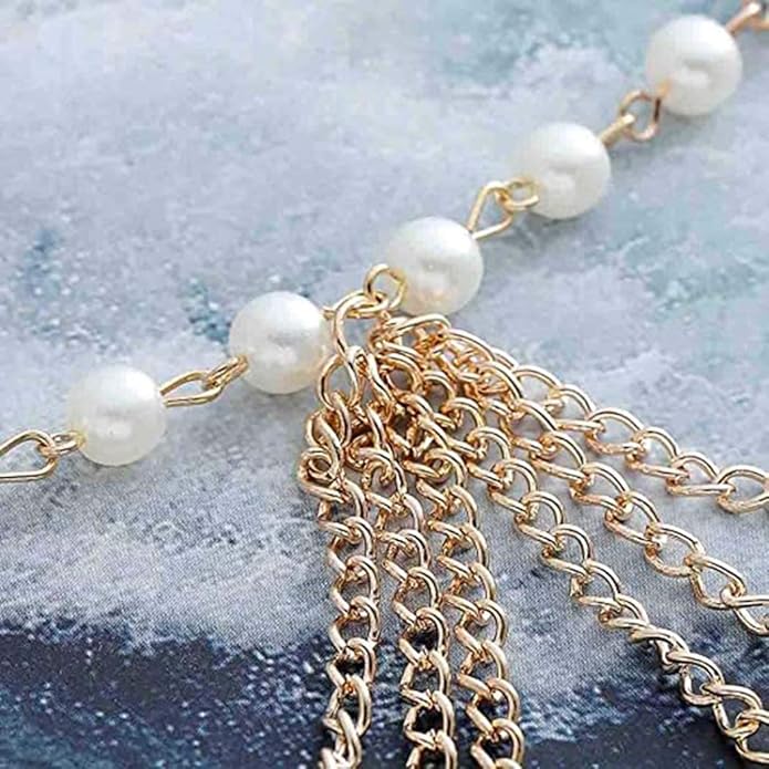 Boho Pearl Hair Chain Gold Tassel Headpiece Gypsy Festival Wedding Hair Accessories for Women