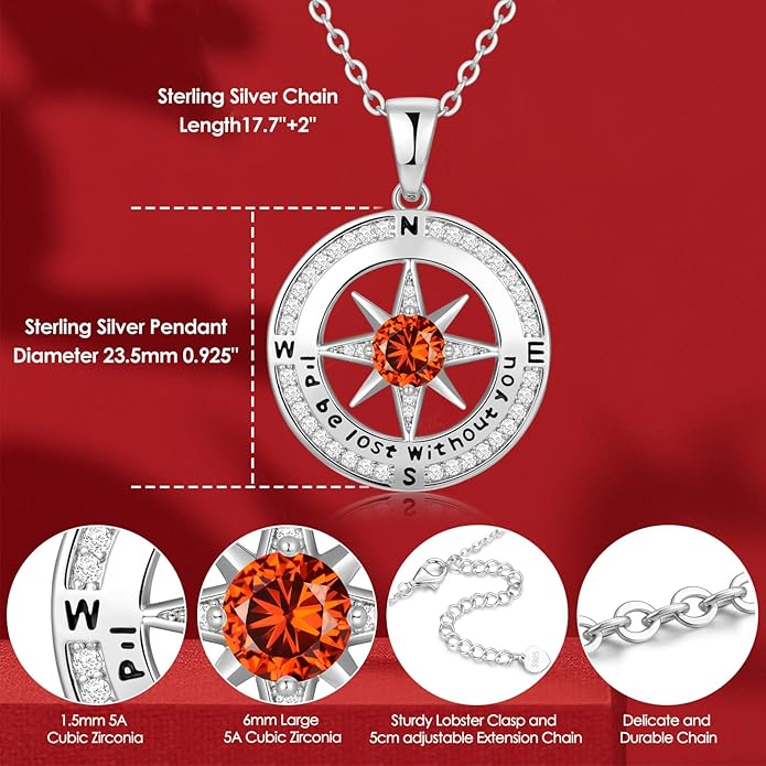 Compass Necklace Gifts for Women wife - S925 Sterling Silver Birthstone Necklaces for Women - Anniversary Birthday Gifts for Her Wife Girlfriend - Valentines Mom Mothers Day Christmas Gifts Jewelry for Women