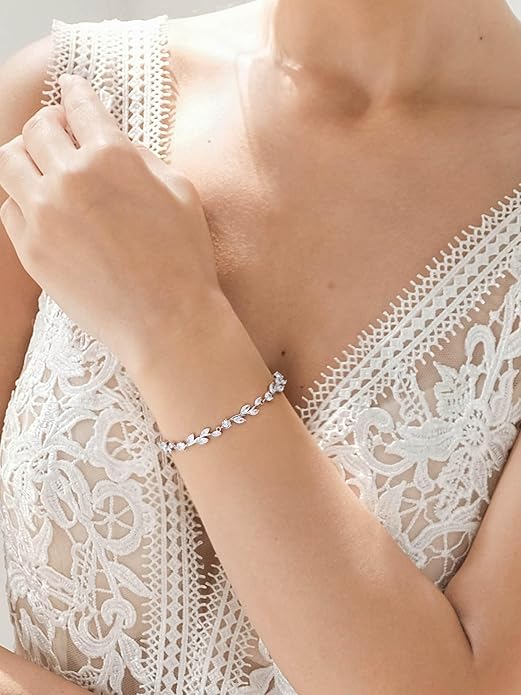 SWEETV Cubic Zirconia Wedding Bridal Bracelet for Brides,Bridesmaids, Silver Crystal Elegant Tennis Bracelet for Women Prom Jewelry Gifts