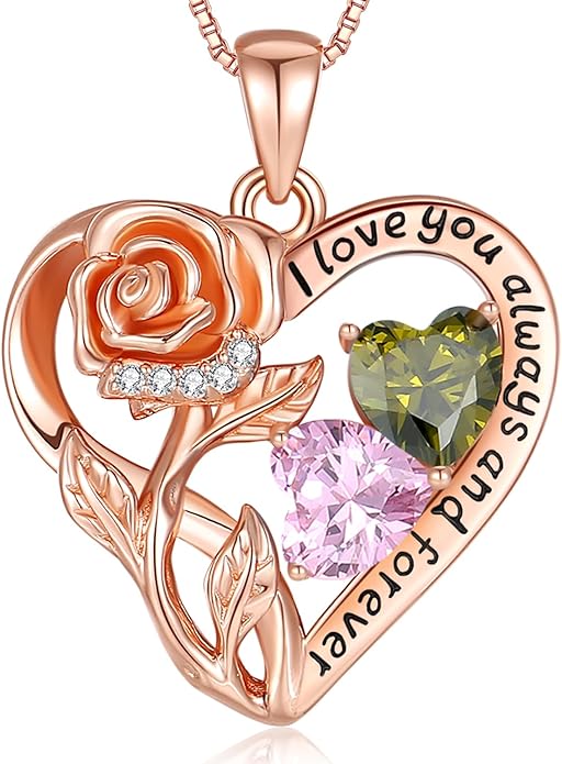 925 Sterling Silver Double Birthstone Rose Flower Heart Jewelry Necklaces for Women Anniversary Love Forever Necklaces for Her Birthday Gifts for Wife Girlfriend Mom Mothers Day Rose Gold