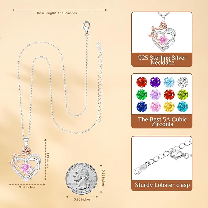 moshen Rose Heart Necklace for Women,925 Sterling Silver Birthstone Pendant - Gift for Women on Valentine's Day, Birthday, Christmas, Anniversary, Mather's Day (10-October-Opal Pink)