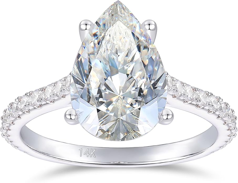14K White Gold Moissanite Engagement Ring 3 Carat 8x10mm Pear Cut Moissanite Rings 14k White Gold Engagement Ring 4-Prong Pear Cut Moissanite Rings