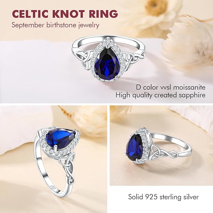 DAYBYDAY Celtic Birthstone Rings for Women 925 Sterling Silver Heart/Round/Pear/Oval Created Gemstone Moissanite Halo Engagement Promise Rings for Her Wife Birthday Anniversary Wedding Jewelry