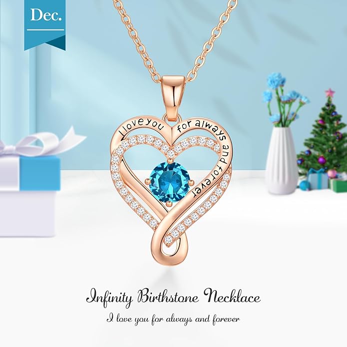 Infinity Heart Birthstone Necklace for Women Wife 18K Rose Gold Plated,Anniversary for Women Wife Her Birthday Gift for Girlfriend Mom Daughters, I Love You Women's Jewelry