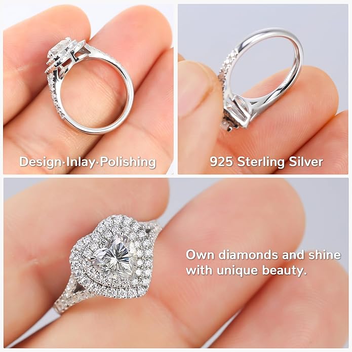 1.6CT Moissanite Heart Shaped Engagement Ring for Women D Color VVS1 Double Halo Wedding Ring S925 Sterling Silver with 18K White Gold Plated Genuine Moissanite Promise Ring for Her Size 5-10
