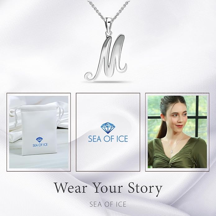 SEA OF ICE Letter Initial Necklace, Alphabet Letter Pendant Necklace, Sterling Silver, Gold, Rose Gold Necklace for Women, Elegant Initial Necklaces, Personalized Custom Women's Necklaces