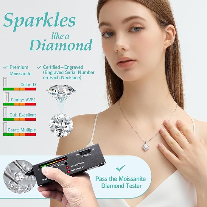 Moissanite Heart Necklace for Women, Engraved 'I Love You', 925 Sterling Silver, 1-3 Carat D Color VVS1 Synthetic Diamond Heart Pendant, Birthday Anniversary Wedding Gift for Wife Girlfriend Mom